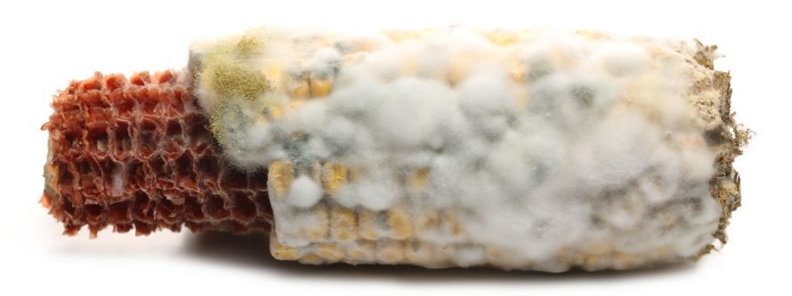 Schimmelpilz auf einem Maiskolben, unter anderem Aspergillus-Schimmel Schimmelpilz auf einem Maiskolben, unter anderem Aspergillus-Schimmel