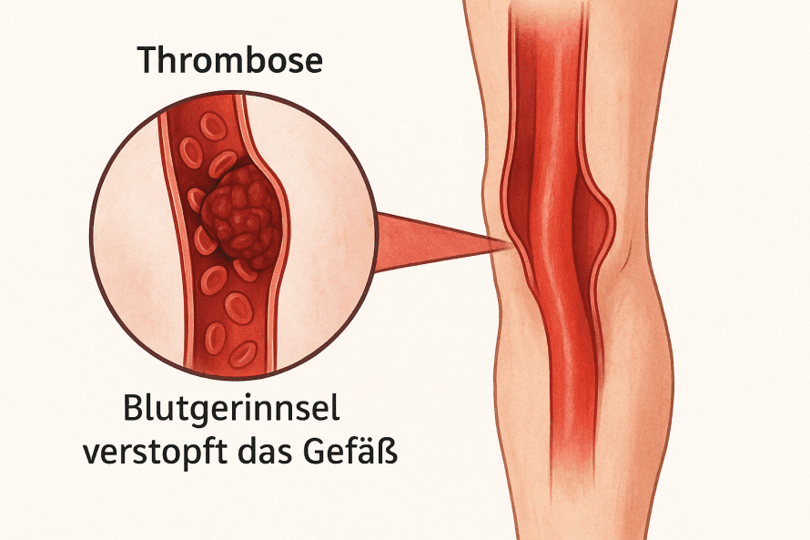Schematische Darstellung einer Thrombose: In einem Blutgefäß bildet sich ein Gerinnsel, das den Blutfluss behindert oder vollständig blockiert. Schematic illustration of a thrombosis: A clot forms in a blood vessel, obstructing or completely blocking blood flow.
