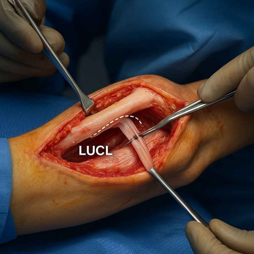 Darstellung des Ellenbogens mit lateraler Bandrekonstruktion (LUCL) und Trizepssehnentransplantat zur Wiederherstellung der Stabilität Απεικόνιση του αγκώνα με ανακατασκευή του πλευρικού συνδέσμου (LUCL) και μόσχευμα τένοντα του τρικέφαλου μυός για την αποκατάσταση της σταθερότητας