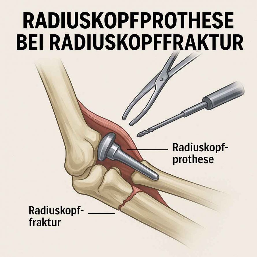 Darstellung einer Radiuskopfprothese bei Radiuskopffraktur: Die Prothese ersetzt den beschädigten Radiuskopf und stabilisiert das Ellenbogengelenk. Illustration of a radial head prosthesis for a radial head fracture: The prosthesis replaces the damaged radial head and stabilizes the elbow joint.