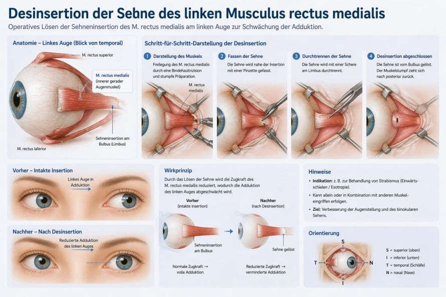 Desinsertion der Sehne des linken Musculus rectus medialis Desinsertion der Sehne des linken Musculus rectus medialis