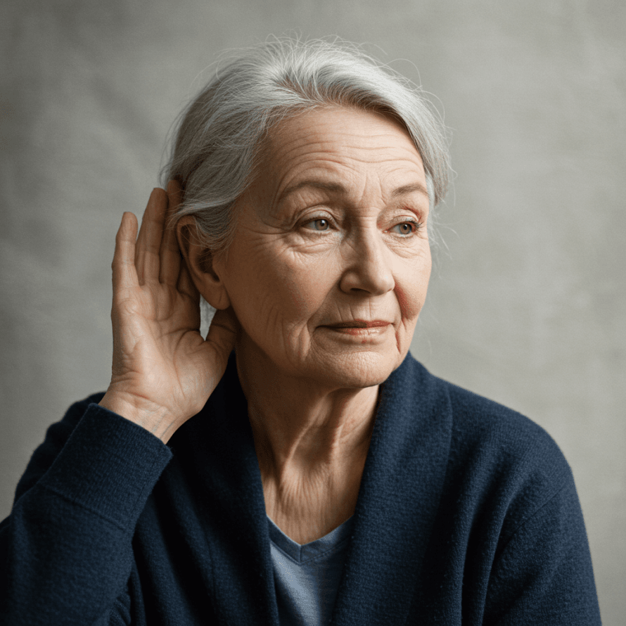 Frau mit Hand am Ohr_KI generiert Woman with Her Hand to Her Ear_AI-Generated