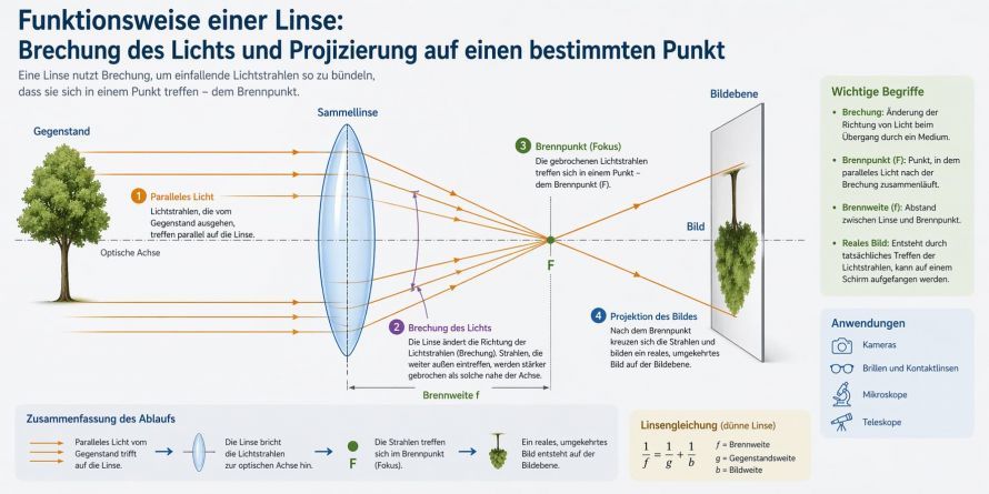 Funktionsweise einer Linse: Brechung des Lichts und Projizierung auf einen bestimmten Punkt