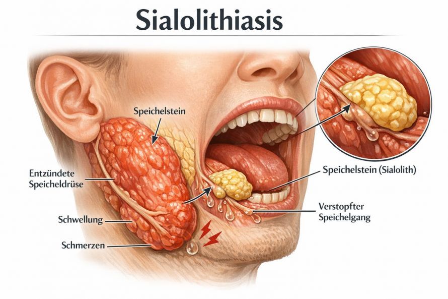 Sialolithiasis und Speichelstein-Blockade_KI generiert Σιαλολιθίαση και απόφραξη λόγω σιαλόλιθου_Δημιουργήθηκε από τεχνητή νοημοσύνη