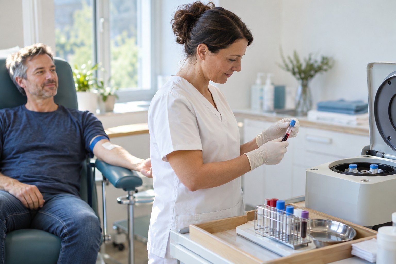 Vorbereitung einer Eigenbluttherapie mit Blutproben und Zentrifuge Vorbereitung einer Eigenbluttherapie mit Blutproben und Zentrifuge