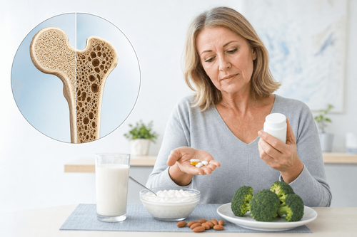 Frau prüft Calcium- und Vitamin-D-Präparate, daneben Schnittbild von gesundem und osteoporotischem Knochen